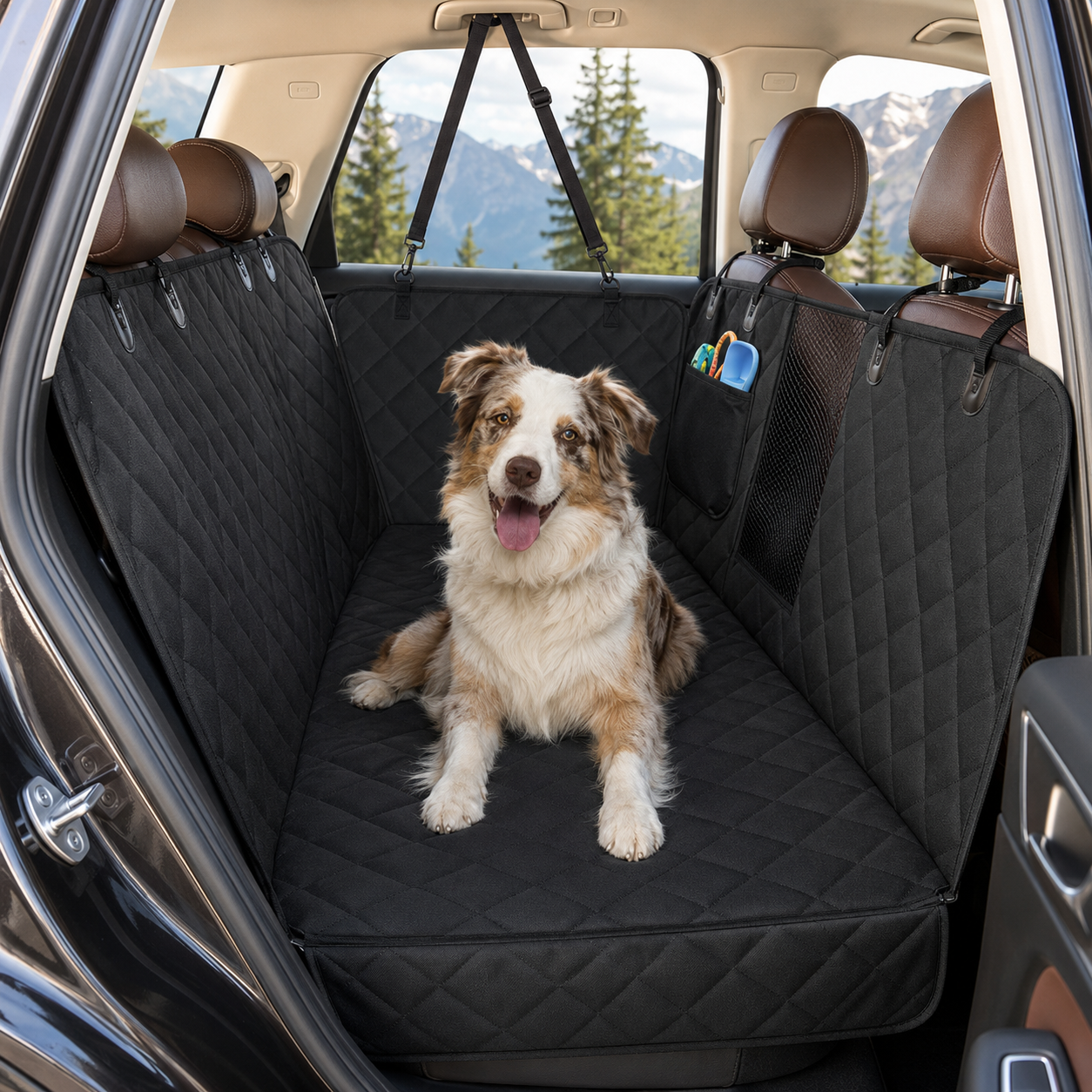 Dog relaxing across an extended vehicle backseat
