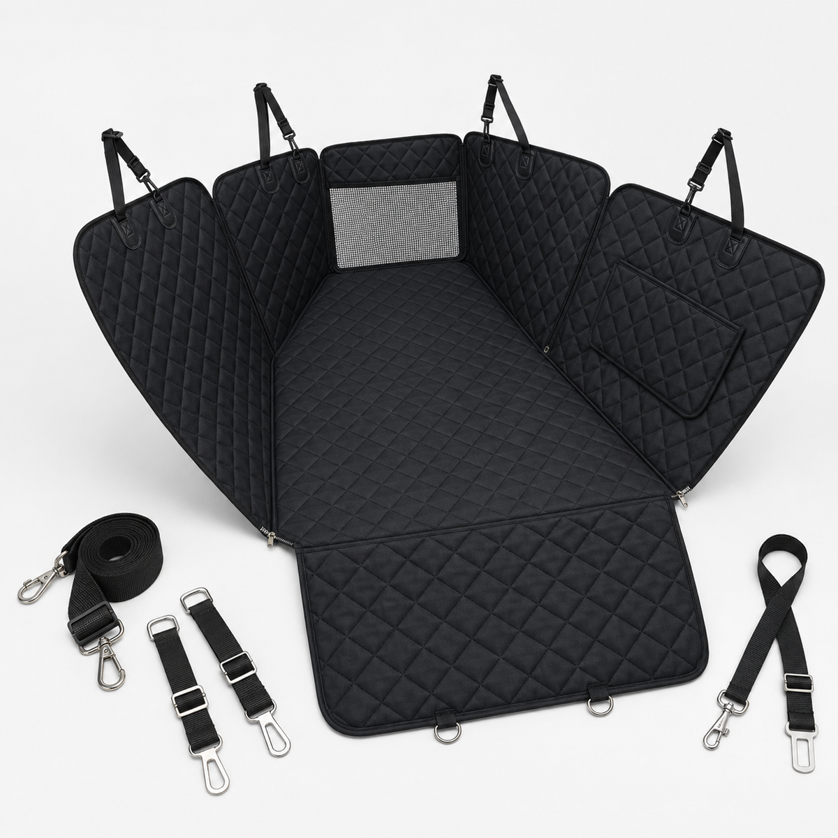 PawRide Max black dog car seat cover and included straps