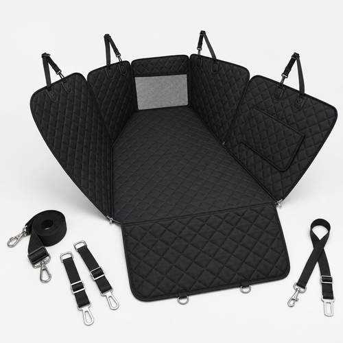 PawRide Max black dog car seat cover and included straps