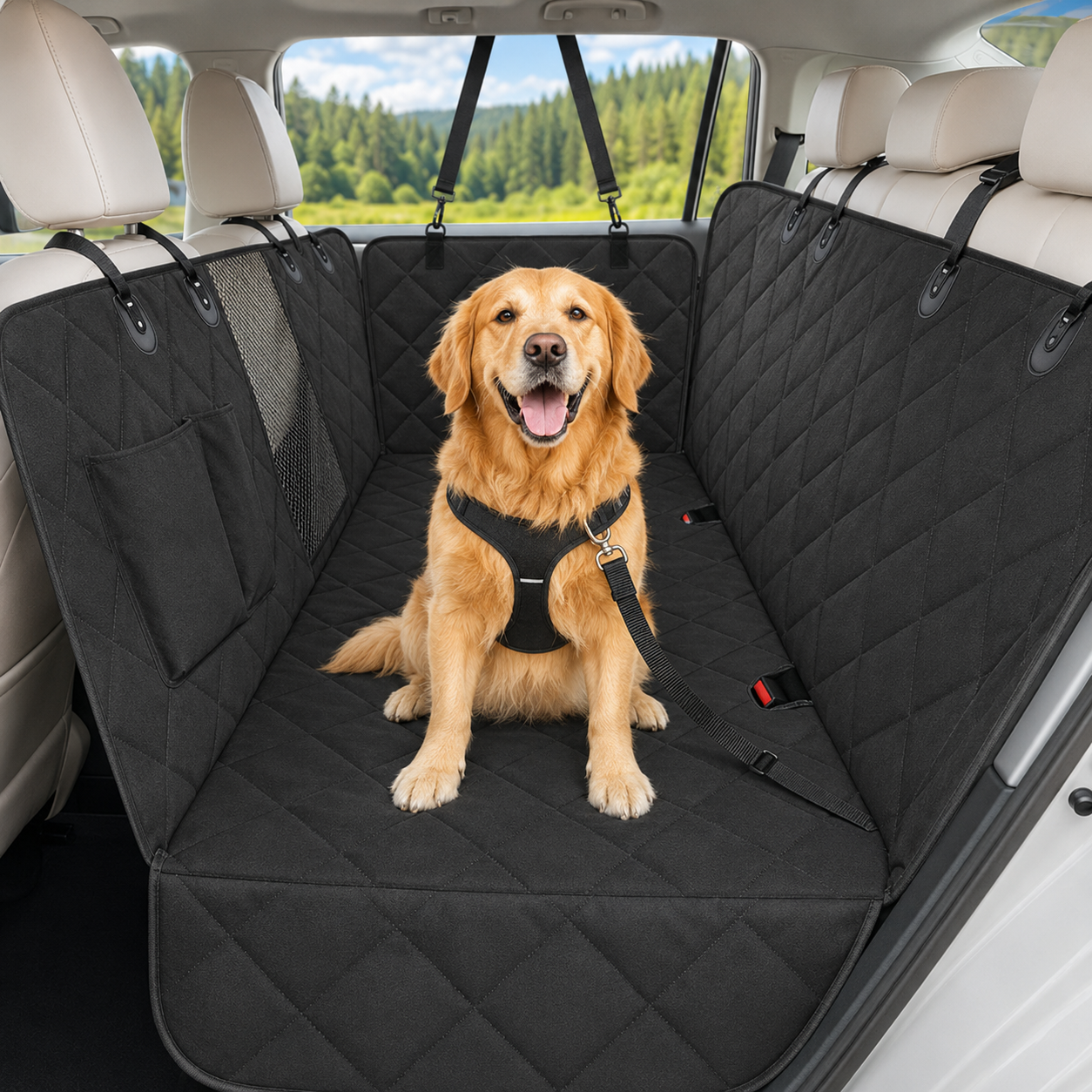 PawRide Max black dog car seat cover with harnessed Golden Retriever