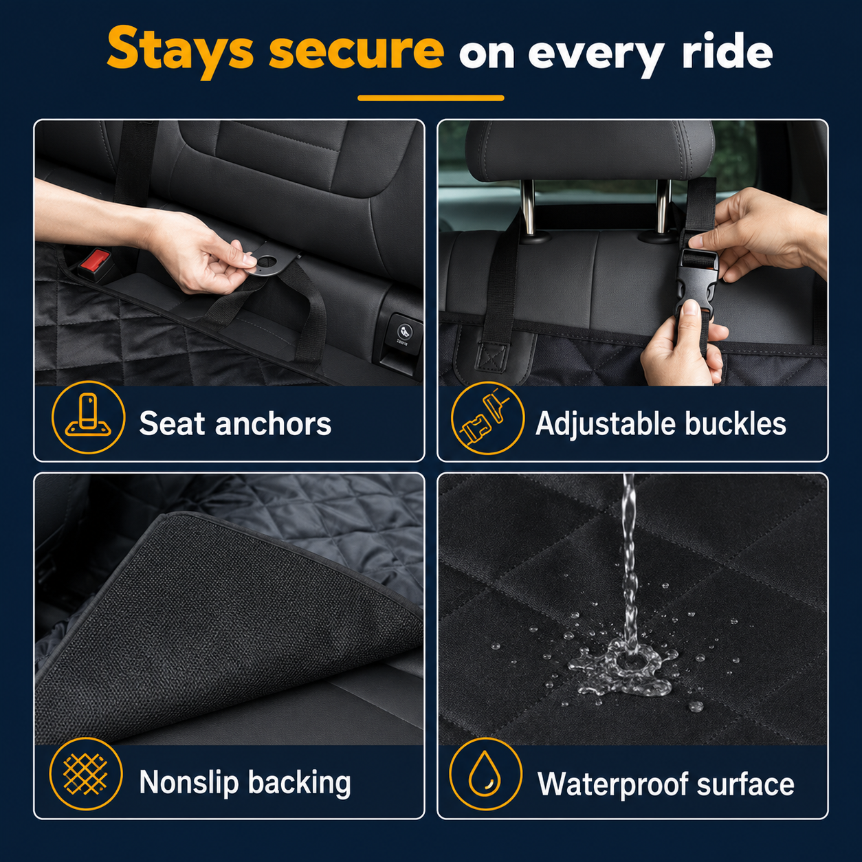 PawRide Max seat anchors buckles nonslip backing and waterproof surface