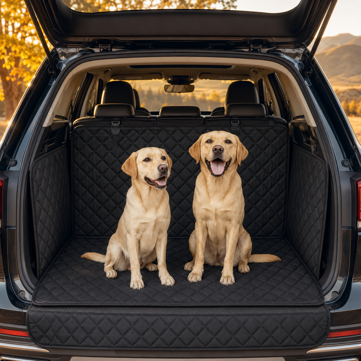 PawRide Max cargo liner protecting an SUV with two Labradors
